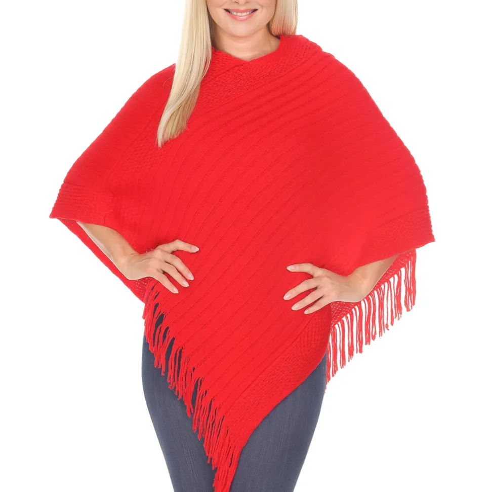 Women's Pullover Knit Poncho with Tassel Trim