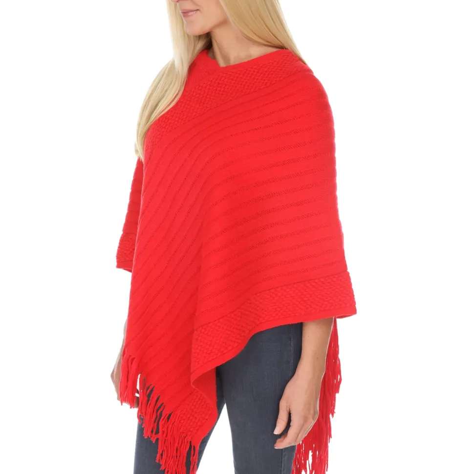 Women's Pullover Knit Poncho with Tassel Trim