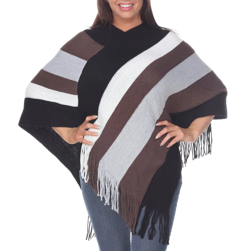 Women's Striped Knit Fringe Poncho