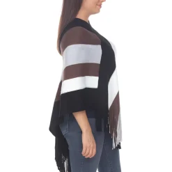 Women's Striped Knit Fringe Poncho