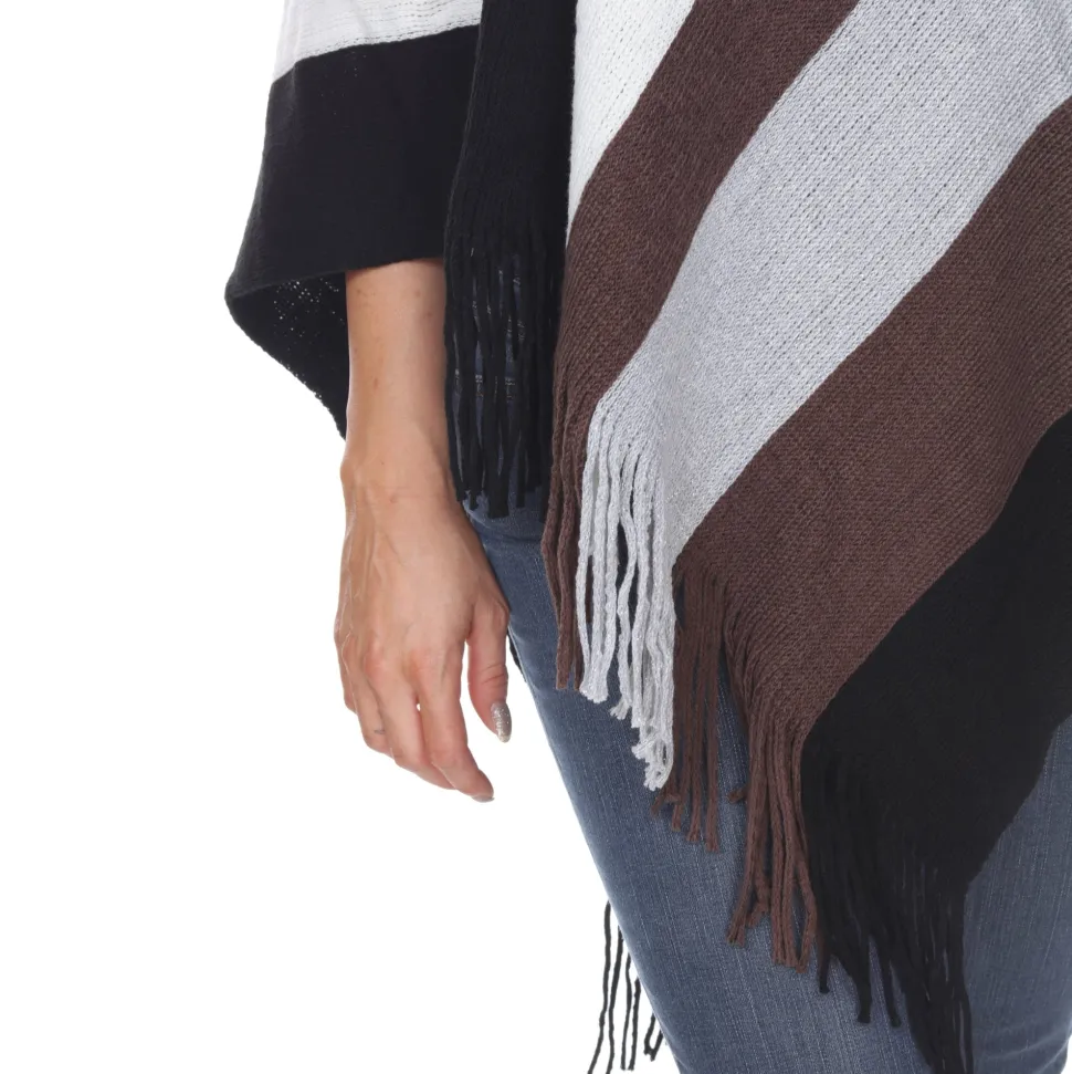 Women's Striped Knit Fringe Poncho