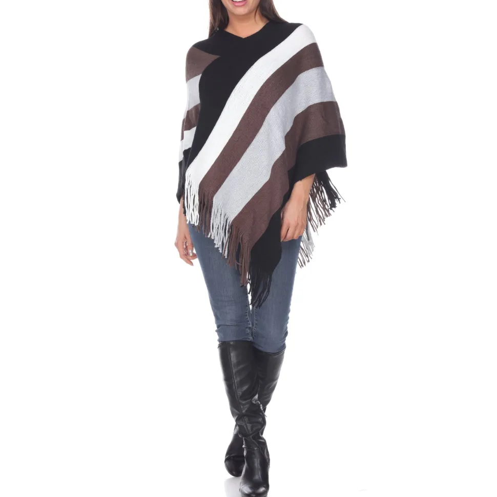 Women's Striped Knit Fringe Poncho
